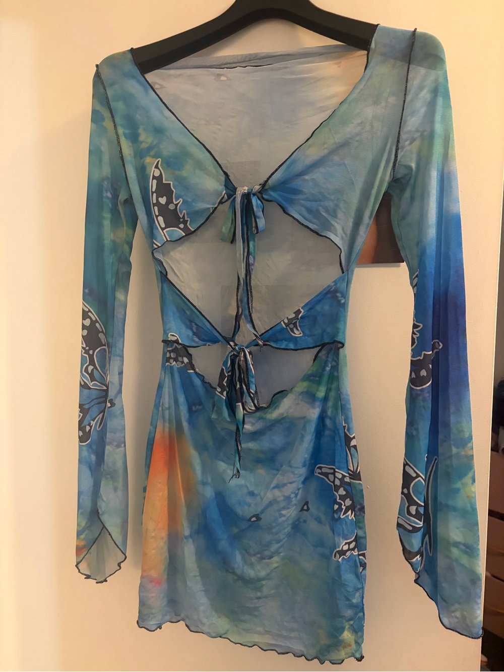 Blue Tie-Front Sheer Butterfly Print Mini Dress